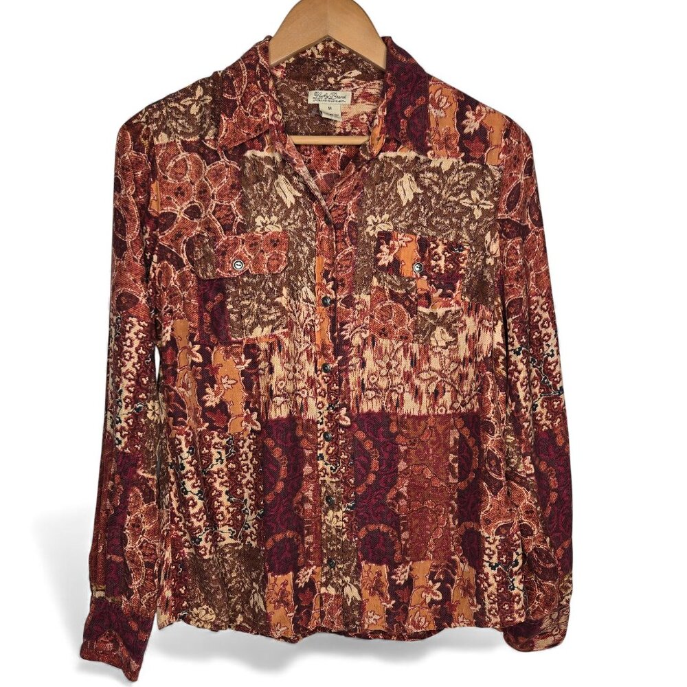 NWOT Lucky Brand 100% Silk Autumn Floral Button Up Shirt Flap Pockets M